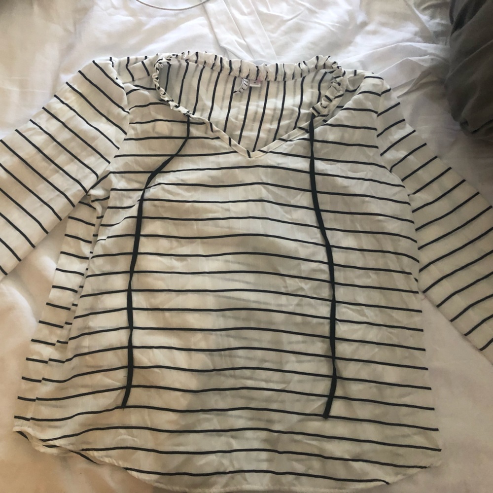 Elle black and white striped long sleeve blouse with ties